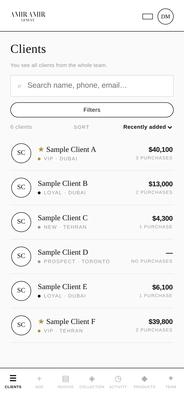 Client list (sample data)