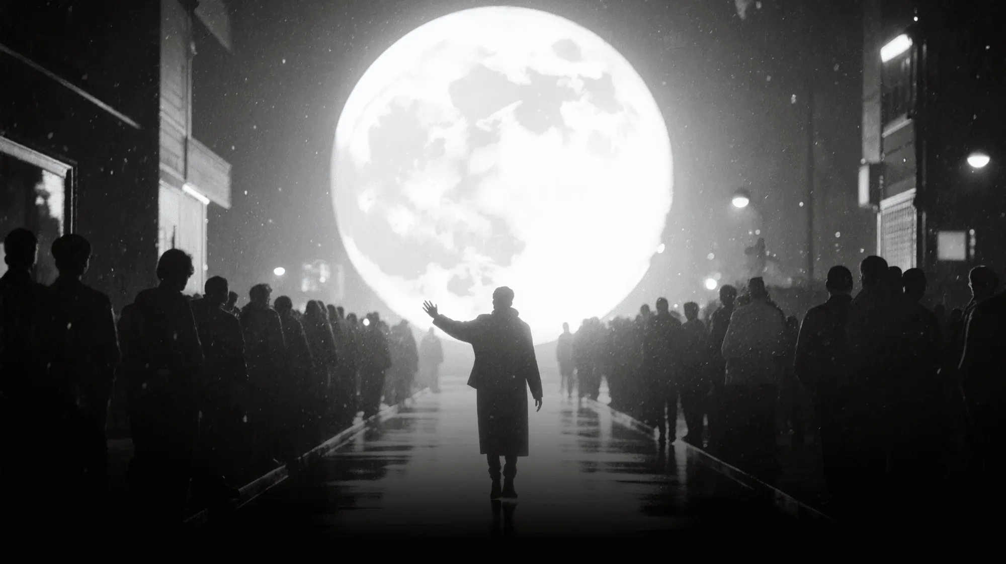 A figure raising a hand towards a huge full moon above a crowded street