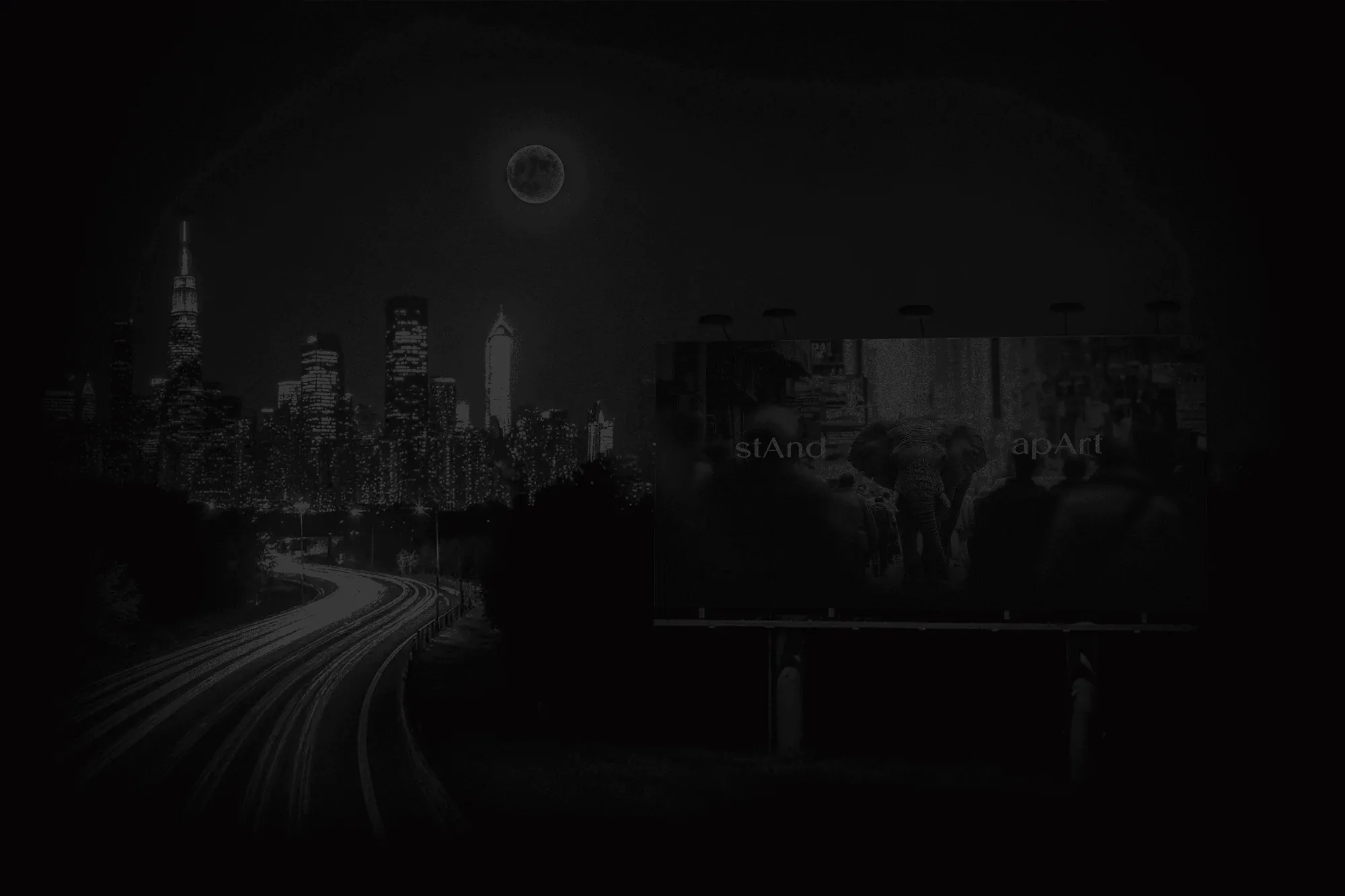 Night city skyline with a highway and an unlit billboard