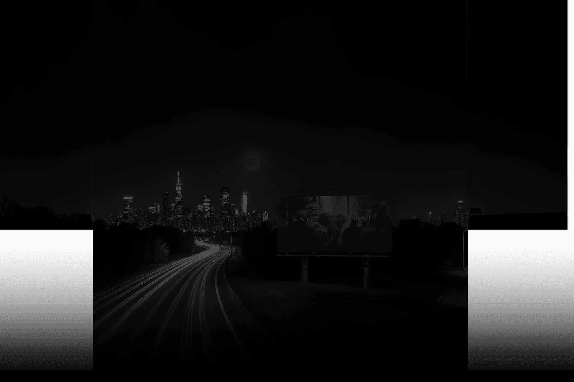 Night city skyline with a highway and an unlit billboard